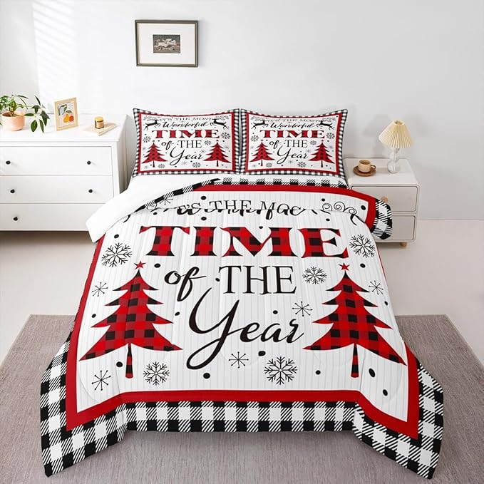Merry Christmas Kids Comforter Set Queen Size,Snowflake Deer Pine Trees Romantic Bedding,Girls Boys Adults Bedroom/Xmas Cabin Decor,Grids Stylish Down Comforter,Rustic Duvet Insert,2 Pillowcases