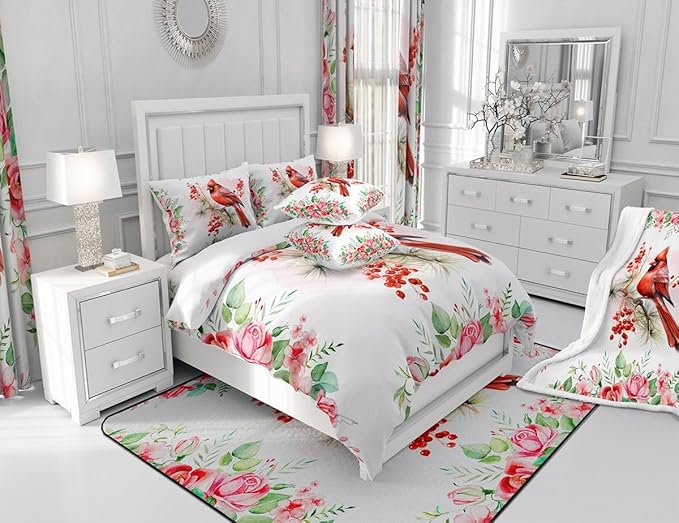 Castle Fairy Red Bird Full Size Comforter Set,Watercolor Cardinal Berry Christmas Bedding Comforters Bedroom Collection,Pink Floral Green Plant Painting Bedding Set for Girls Teens