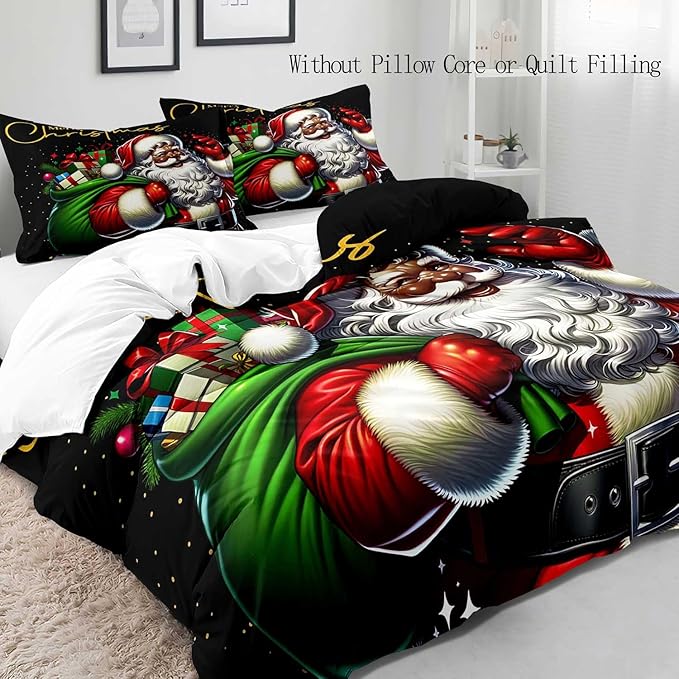 LUVIVIHOME 3PCS Black Santa Claus Duvet Cover Full Bedding Set, Christmas Bedding, Holiday Xmas Gifts Black Comforter Quilt Cover, African American Christmas Decorations, Bed in a Bag, 2 Pillow Shams