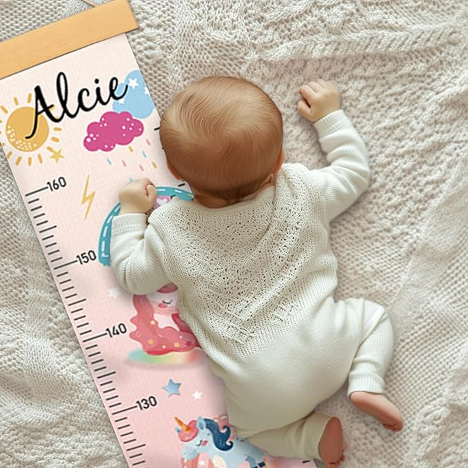 Personalized Name Growth Chart Wall Decor for Kids – Canvas Removable Height Chart Measuring Ruler 59" x 7.9" (Painted Unicorns)