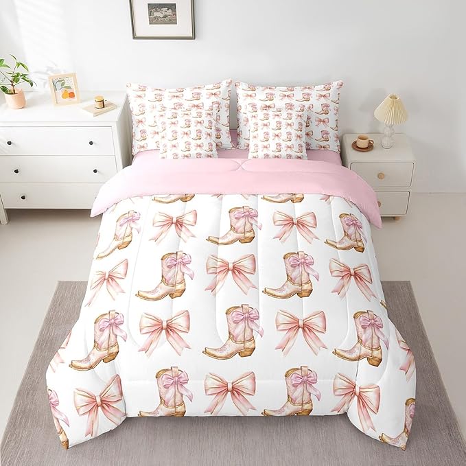7 Pieces Western Cowgirl Comforter Set Full,Pink Bowknot Cowgirl Boots Rustic Farmhouse Bedding Set,Bow Tie Geometric Patchwork Golden（Comforter+Fitted+Flat Sheet+2 Pillowcases+2 Throw Pillow Covers）