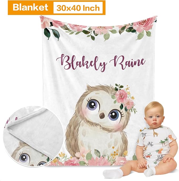Custom Crib Bedding Set - Owl Design Personalized Name Baby Nursery Bedding 3 Pcs Set - Chic Soft Blanket, Sheet, Pillowcase for Newborns Boys Girls Gifts Color11