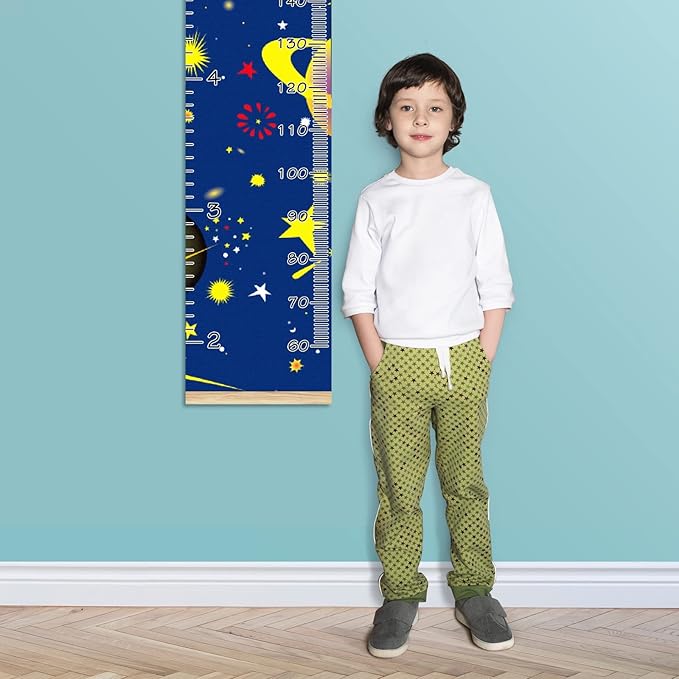 Personalized Kids Name Growth Chart Ruler for Wall Wood Frame Height Measure Chart 13.4x56 in Linen Hanging Height Growth Chart Cartoon Planets Star Solar Kids Room Decor