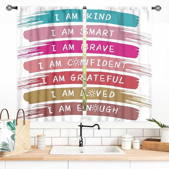 Rainbow Curtains for Classroom, Kids Girls Baby Boho Cute Inspirational Motivational Quotes Cartoon Colorful Pastel Nursery Classroom Bedroom Living Room Bathroom Window Drapes 2 Panels, 55x39 Inch
