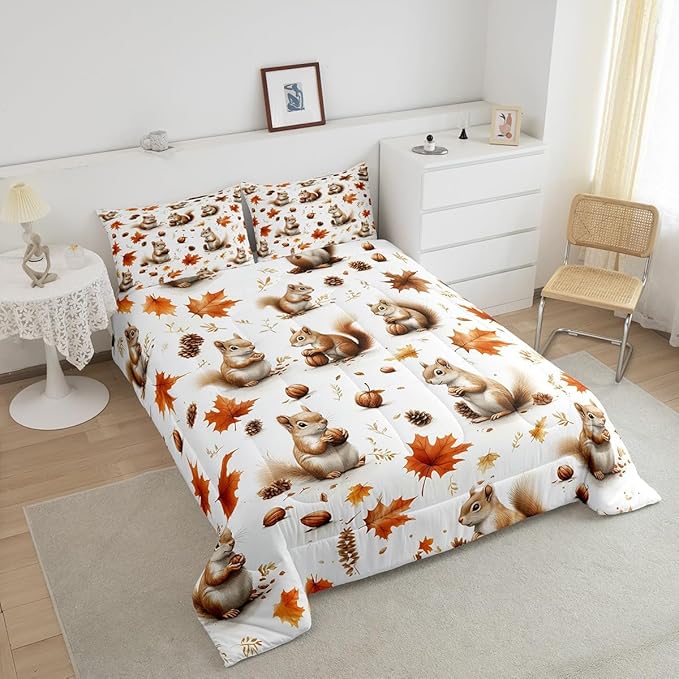 Feelyou Boys Girls Fall Autumn Duvet Cover King Size, Cute Squirrel Comforter Set Cartoon Animal Comforter Cover Kids Maple Leaf Teens Bedspread Cover Bedroom Decor Bed Set 3Pcs