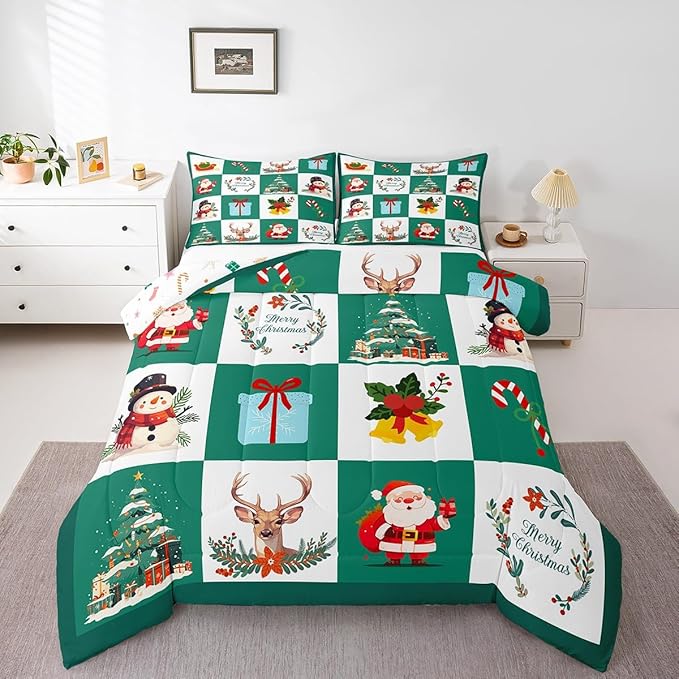 Erosebridal Merry Christmas Quilt Twin Size for Kids Teens Santa Claus Xmas Tree Bedding Set Cartoon Deer Snowman Comforter Set with 1 Pillow Case