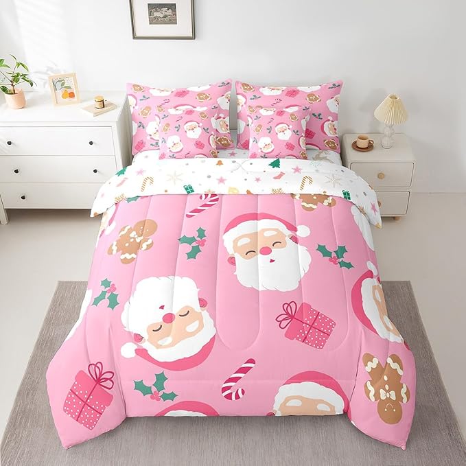Christmas Gingerbread Man Kids Bedding Set Cartoon Christmas Santa Claus Comforter Set with Sheets for Boys Children Decor Pink Bed in a Bag New Year Bed Set 7Pcs Queen Size