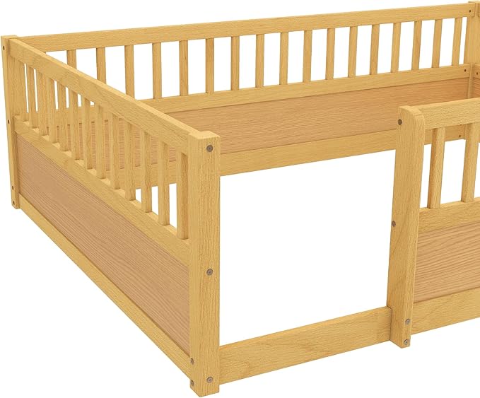 Bellemave Full Floor Bed with high Rails for Kids, Girls, Boys, Wood Montessori Floor Bed Without Door, Natural