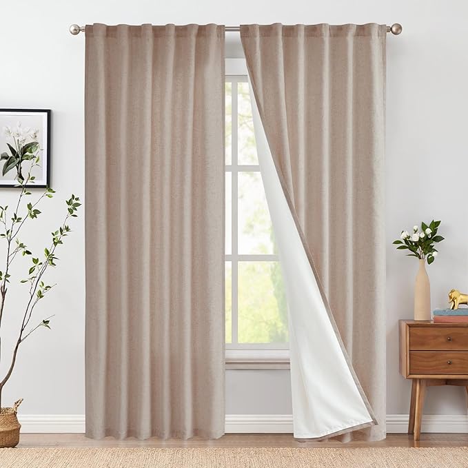 jinchan Taupe Lined Linen Blend Curtain for Sliding Door 84 Inch Length 1 Panel for Living Room, 100 Inch Extra Wide Drape with Rod Pocket Back Tab(100W x 84L, Taupe)