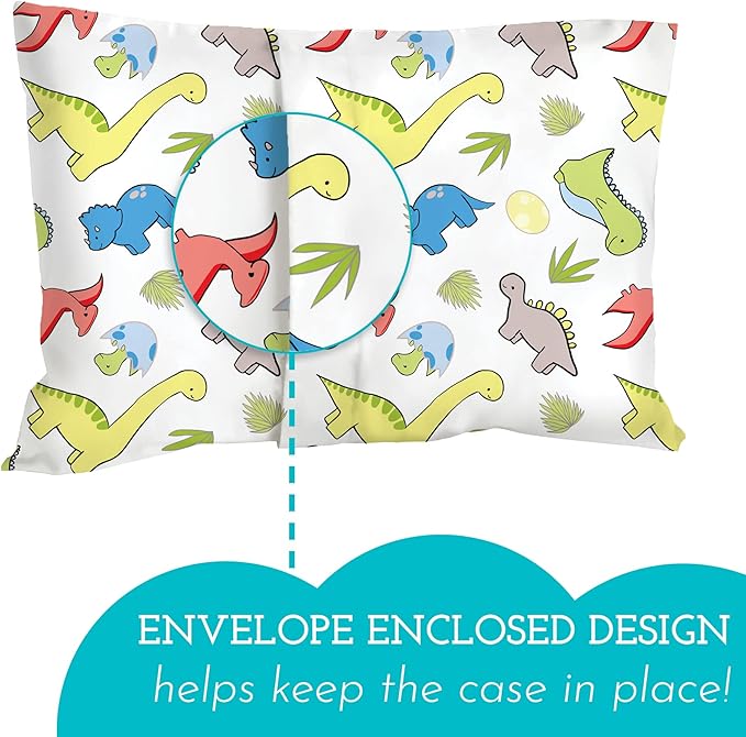 Little Sleepy Head Youth Pillow with Pillowcase 16x22, Soft Jumbo Toddler Pillow & Hypoallergenic Pillowcase - Best Kids Pillows for Sleeping, Perfect Kids Travel Pillow (Dinosaurs White)