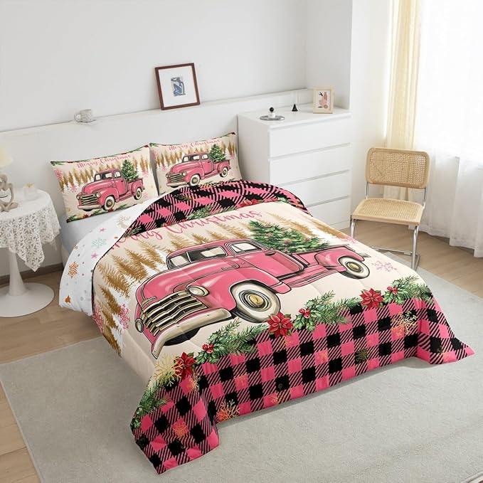 Erosebridal Christmas Comforter Sets Merry Xmas Tree Bedding Sets King Red Truck Painting Down Comforter,Lattice Decor Bed Set for Kids Boys Girls Teens Bedroom Decor,Reversible