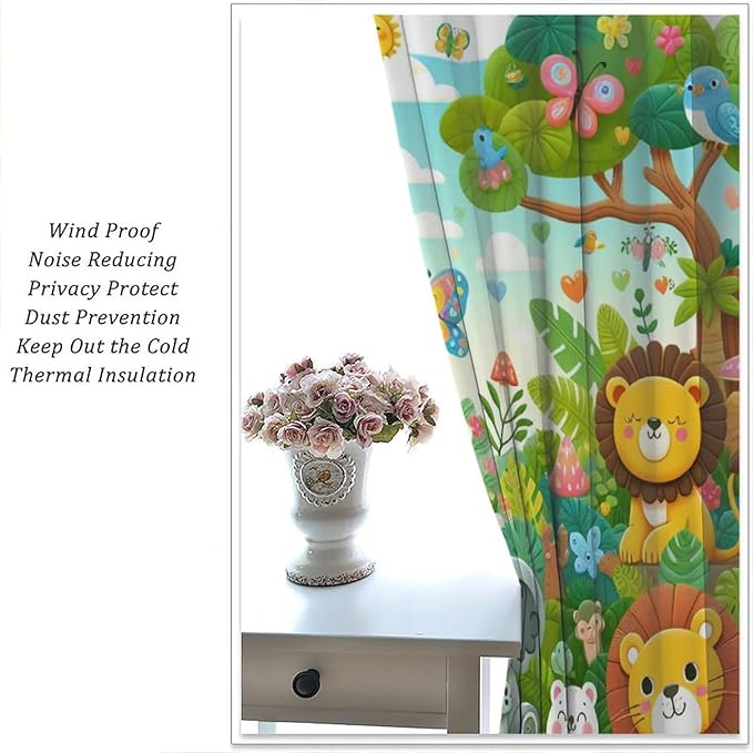 Cartoon Animals Curtain Jungle Forest Elephant Lion Butterfly Floral Print Curtains for Kids Boys Girls Nursery Baby Bedroom Playroom Home Decor Window Drapes 52" W X 84" L
