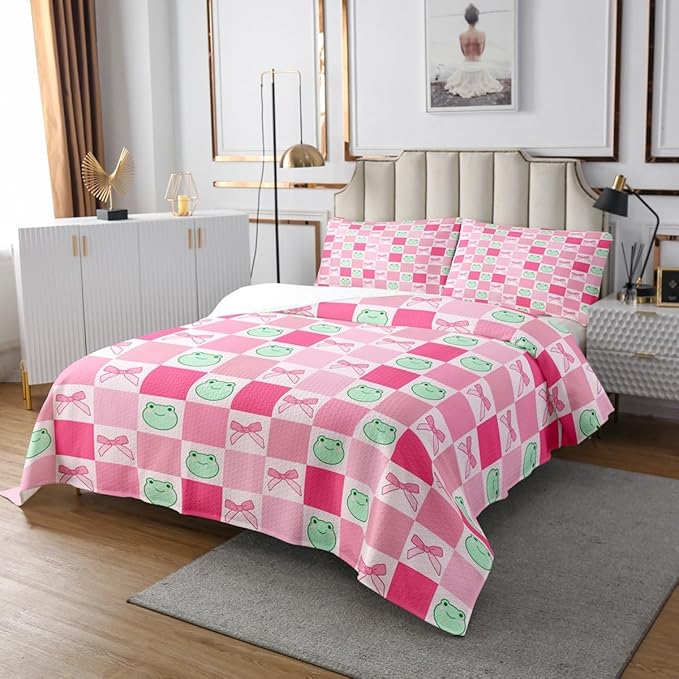 Manfei Cartoon Frog Kids Bedspread Twin Size,Pink Bowknot Bow Tie Butterfly Knot Coverlet Set,Girls Women Room Decor,Geometric Plaid Grid Patchwork Quilted Coverlet,Cute Bedding Quilt,1 Pillowcase