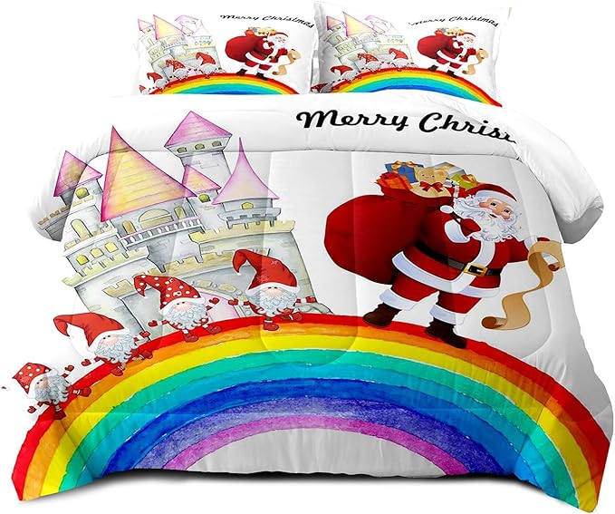LUVIVIHOME 2PCS Merry Christmas Comforter Set Twin Size, Funny Santa Claus Bedding, Gnome Castle Rainbow Christmas Bedroom Decor for Kids Girls Boys Teens, White Quilt, Xmas Gifts, 1 Pillow Sham