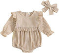 Karuedoo Newborn Baby Girl Clothes Gingham Plaid Bubble Romper Long Sleeve Ruffle Bodysuit with Headband Spring Fall Outfit