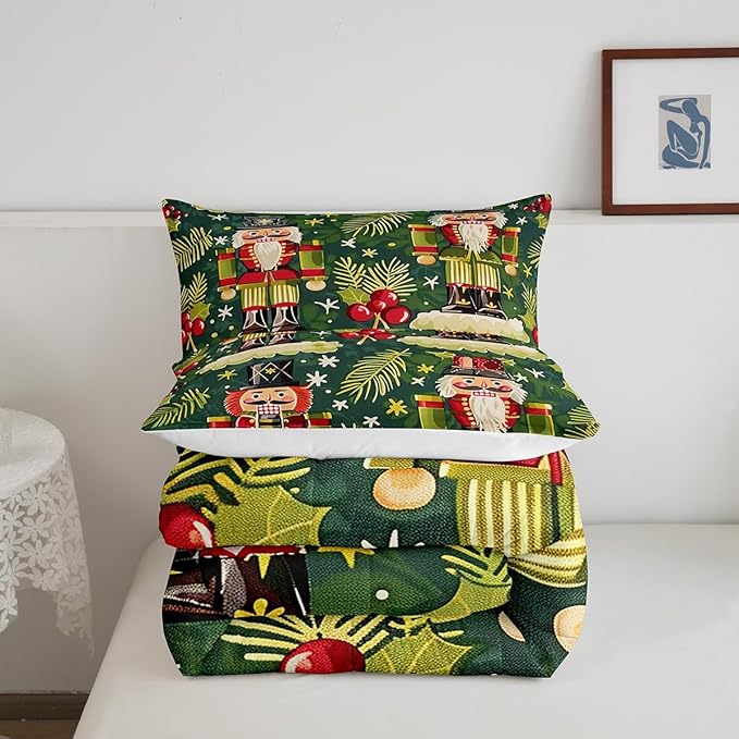Christmas Cartoon Soldier Bedding Set Full Size,Christmas Leaves Snowflake Comforter Set for Kids Boys Girls Room Decor,Xmas Abstract Art Duvet Insert 3Pcs,Polka Dot Green Quilt Set,2 Pillowcases