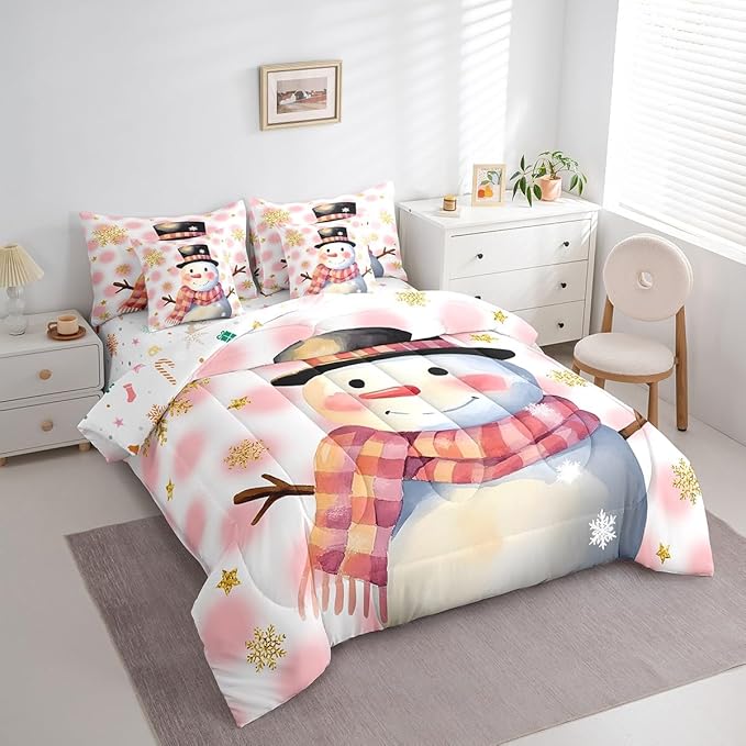 Feelyou Kids Merry Christmas Decorations King Size Bed Set Xmas Snowman Bed in a Bag Pink Bedding Set Soft Warm Lightweight Comforter Set with Sheets