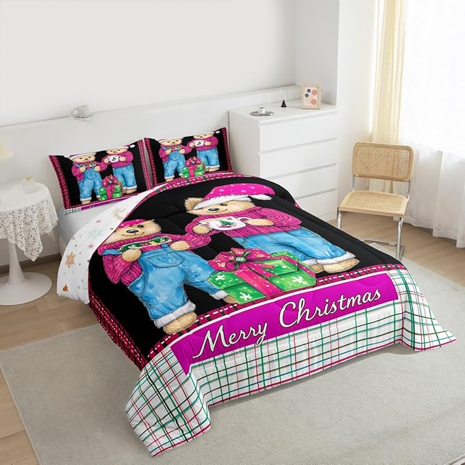 Feelyou Merry Christmas Kids Comforter Set Queen Size Cute Bear Bedding Set Duvet Quilt for Kids Boys Girls Bedroom Winter Decor Microfiber Ultra Soft Breathable
