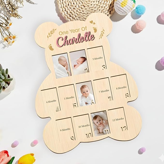 My First Year Picture Frame – One Year of Baby Photo Board with 12 Months Pictures, Wooden First Year Frame for Newborn Milestone Memories, Wall Art Nursery Décor