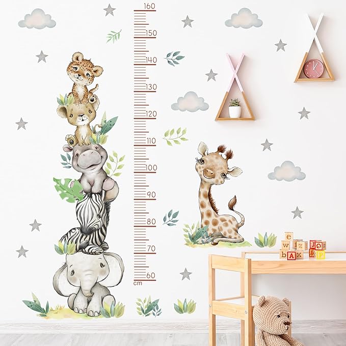 Jungle Animals Height Chart Sticker for Kids Height Measurement Growth Chart Wall Decals Cartoon Animals Giraffe Elephant Height Measurement Ruler Wall Decor for Kids Baby Bedroom Classroom Decoration