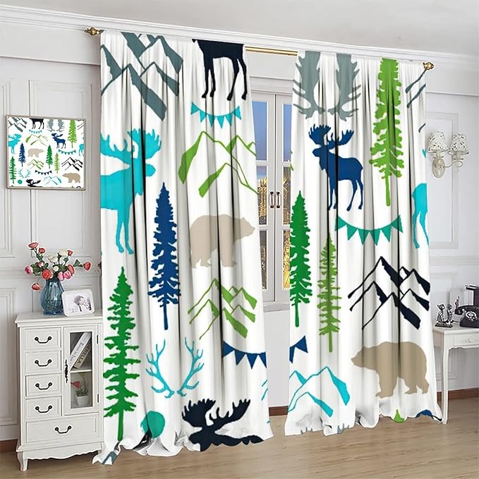 Forest Woodland Curtains, Wild Nature Bear Moose Deer Pine Trees Mountain Cabin Lodge Blackout Rod Pocket Windows Door Curtain for Bedroom Living Room Home Decor 72x63in