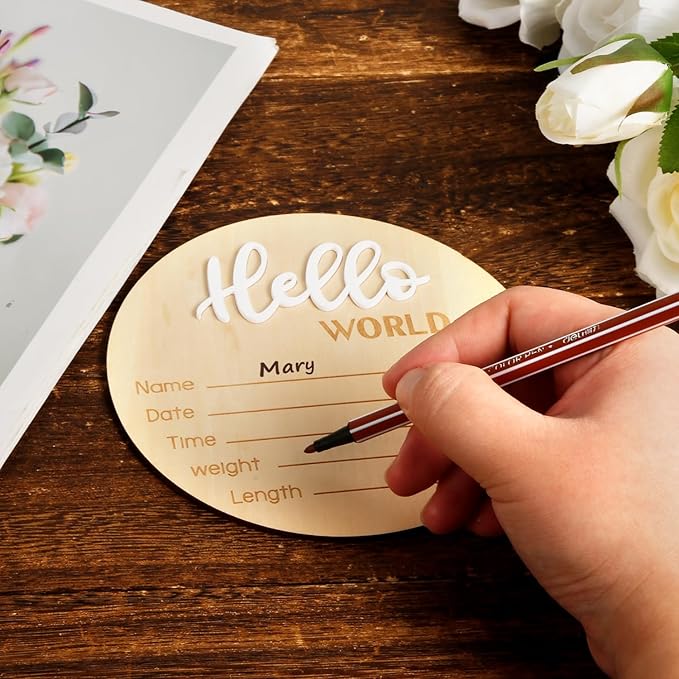 Wooden Hello World Newborn Sign - 5.9 Inch Birth Announcement Plaque for Photo Props, Baby Shower, Hospital Nursery