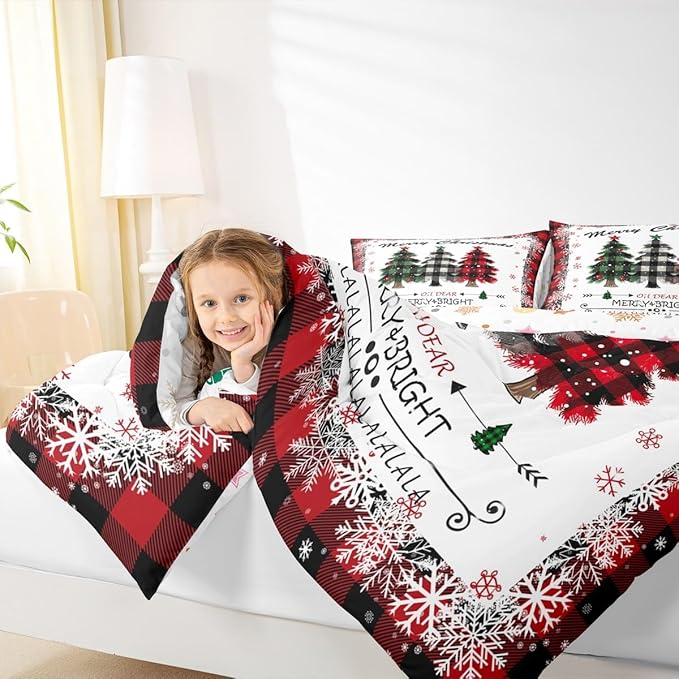 Christmas Comforter Set Twin Size, Red Plaid Xmas Trees Bedding Set 2pcs , Winter Snowflake New Year Reversible Down Comforter for All Season, Kids Boys Girls Room Decor, 1 Pillowcase, No Sheets