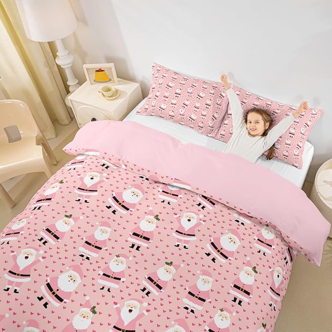 Feelyou Christmas Bedding Set for Kids Boys Girls Cute Santa Claus Comforter Cover Set Cartoon Xmas Theme Duvet Cover Bedroom Decor Pink Dreamy Heart Bedspread Cover King Size Bedding Collection 3Pcs