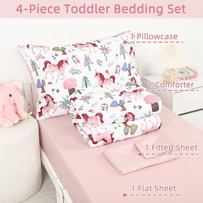 Toddler Bedding Set for Girls, Kids Comforter Set Pink Reversible, Ultra Soft & Lightweight Crid Bedding Set Includes Comforter, Flat Sheet, Fitted Sheet, Pillowcase (Forest)