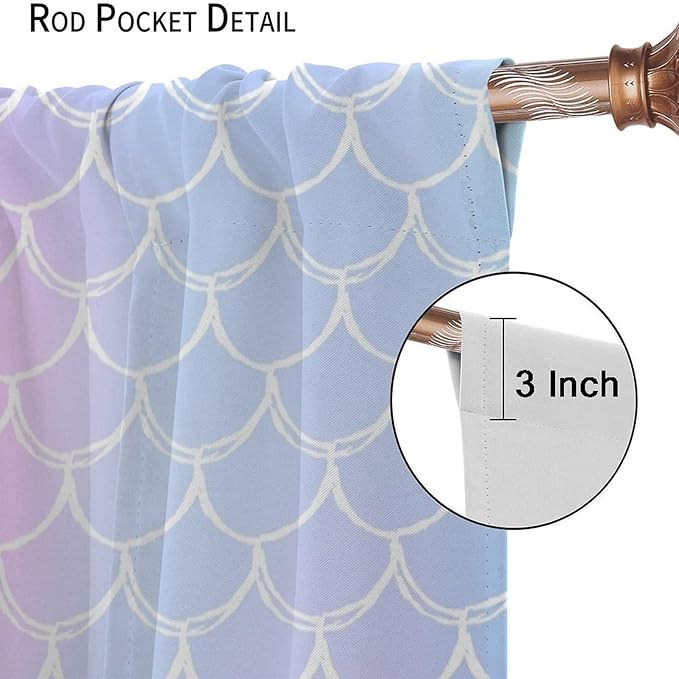 Fantasy Mermaid Curtain Rainbow Mermaid Scales Purple Pink Blue Ocean Theme Dream Blackout Window Treatment for Kids Boys Girls Bedroom Nursery Room Decor Rod Pocket Window Drapes 72x63in
