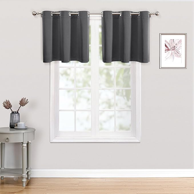 ChrisDowa Small Kitchen Valances for Windows - Grommet Short Thermal Insulated Room Darkening Window Valances Curtains for Living Room (2 Panels, Grey, 42 x 18 Inch)