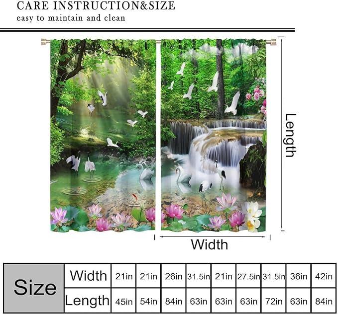 Nature Blackout Curtain, Waterfall Landscape Forest Swan Fish Pattern Rod Pocket Window Drapes, for Bedroom Living Room 63" W X 63" L