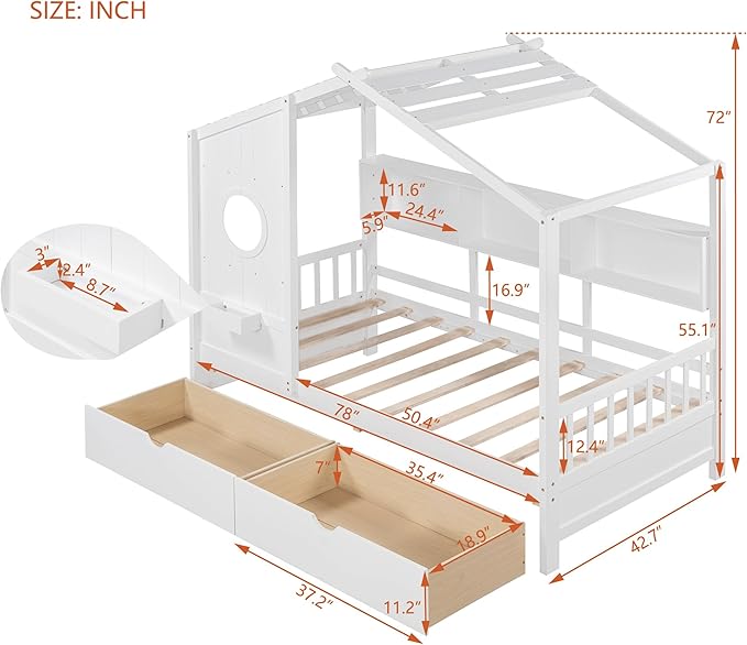 Modern Twin Size House Bed with Roof and Window, Wooden Daybed Frame with Shelves and 2 Drawers,Bedroom Furniture for Girls & Boys (White+2 Drawers/)