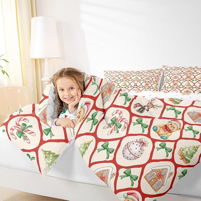 Merry Christmas Comforter Set Full Size,Kawaii Bowknot Cartoon Xmas Bear Kids Bedding Set,Pine Tree Geometric Lattice Quilt Comforter,Beige Red Green Duvet Insert,2 Pillowcases