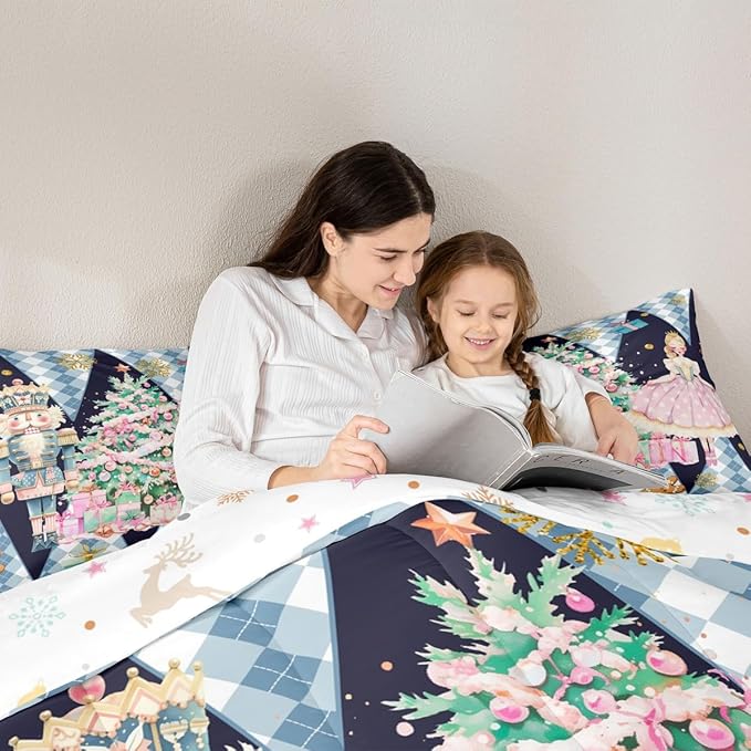jejeloiu Christmas Nutcracker Comforter Set Full Size Gingerbread Man Bedding Set for Kids Boys Girls Xmas Tree Duvet Quilt Dark Blue Bedroom Decor