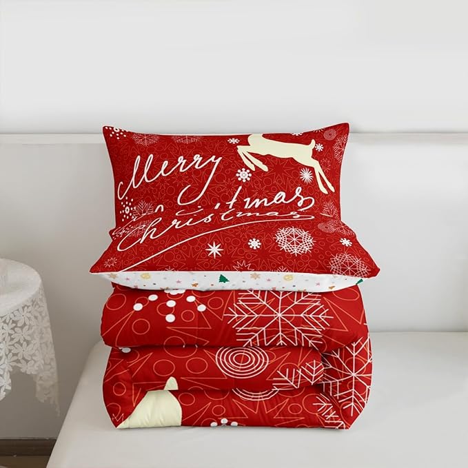 Merry Christmas Kids Comforter Set Queen Size,Deer Animal Silhouette Bedding,Girls Boys Adults Bedroom/Xmas Cabin Decor,Snowflake Dot Graffiti Down Comforter,Red Romantic Duvet Insert,2 Pillowcases