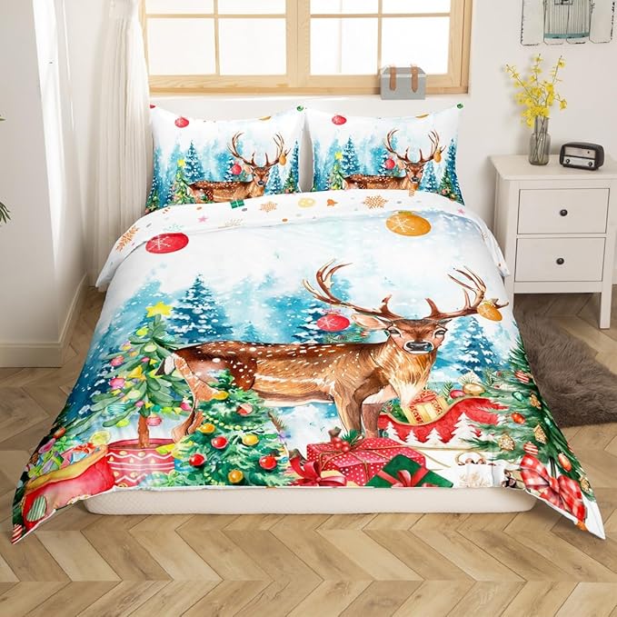Manfei Merry Christmas Duvet Cover Queen Size,Watercolor Christmas Trees Gifts Wild Moose Super Soft Bedding Set for Boys Girls,Winter Happy New Year Comforter Cover Bedding 3 Piece (No Comforter)