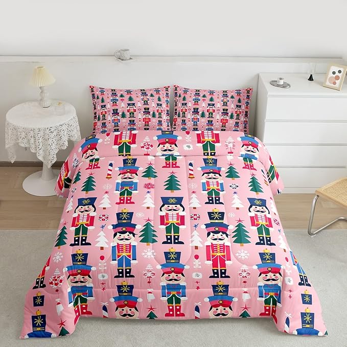 Feelyou Cute Nutcracker Kids Comforter Set King Christmas Tree Bedding Set Xmas Snowflake Duvet Quilt for Kids Boys Girls Bedroom Colorful Soldier Decor Candy-Cane Designs Microfiber Soft Breathable