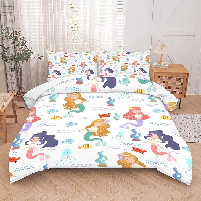 kxry Little Mermaid Princess Comforter Set Twin Size Fairy Tale Sea Shell Grass Bedding Sets for Girls Teens Kids Soft Microfiber Lightweight Comforter Set with 1 Comforter + 1 Pillow Case