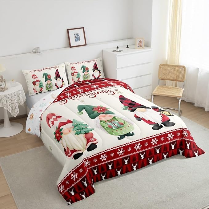 Merry Christmas Kids Comforter Set King Size,Deer Antler Santa Claus Bedding,Girls Boys Adults Bedroom/Xmas Cabin Decor,Snowflake Pine Trees Plaid Down Comforter,Rustic Duvet Insert,2 Pillowcases