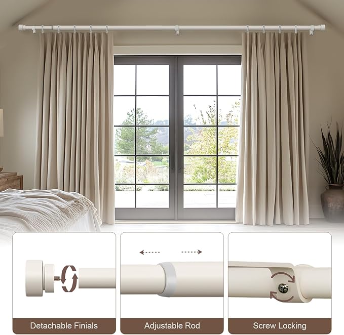 Modern White Curtain Rods for Windows 72 to 144 Inches Adjustable Length Heavy Duty 1" Diameter Window Curtain Rod with Decorative Finials for Outdoor Farmhouse Bedroom Kitchen Living Room