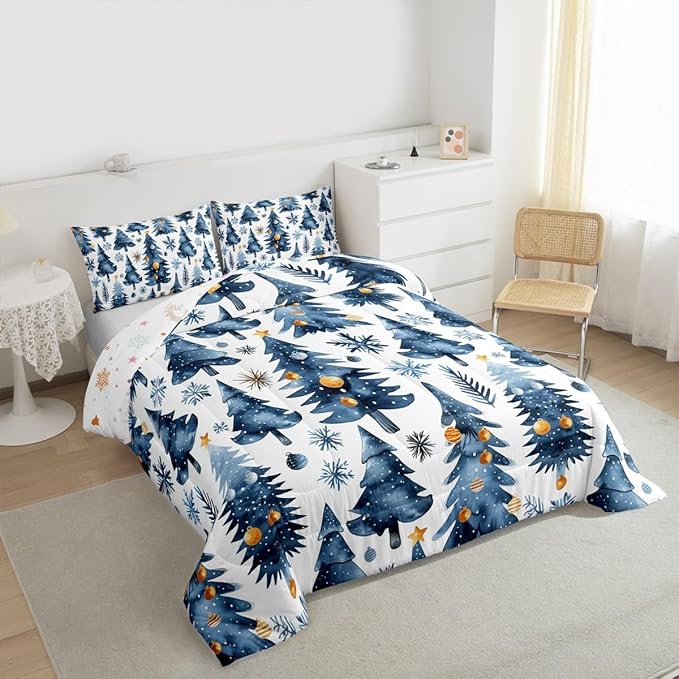 Feelyou Christmas Kids Comforter Set Queen Size Xmas Tree Bedding Set Snowflake Duvet Quilt for Kids Boys Girls Bedroom Watercolor Blue Decor Microfiber Ultra Soft Breathable
