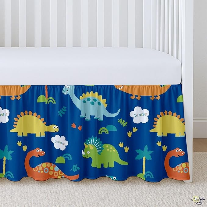 Cottington Lane Crib Skirt Dust Ruffle, 100% Natural Cotton, Soft, Durable Nursery Crib Toddler Bedding Skirt for Baby Girls or Boys, Fits Standard Cribs 28" x 52" with 14" Drop, Blue Dinosaur