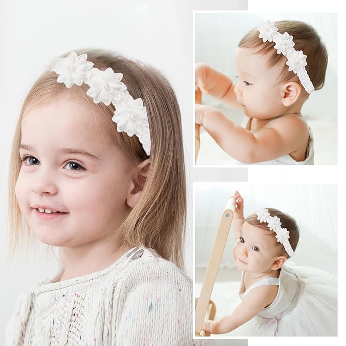 2 Pack 18-20in Elegant White Flower Christening Headbands for Baby Girl, Elastic Soft Lace with Cute Tulle Pearl Hair Strap (White flowers)