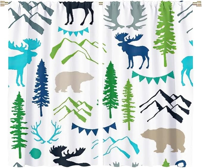 Forest Woodland Curtains, Wild Nature Bear Moose Deer Pine Trees Mountain Cabin Lodge Blackout Rod Pocket Windows Door Curtain for Bedroom Living Room Home Decor 72x63in