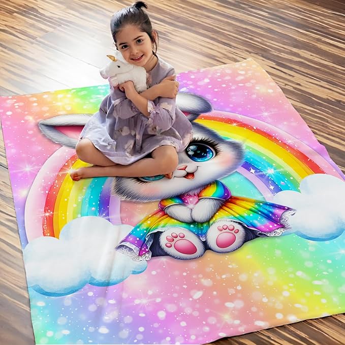 Girls Rabbit Blanket Gift, Throw for Toddler Kids Bunny Lovers - 40x50 Inches Soft Cozy Cute Rainbow Throw Blankets for Sofa Couch Living Room Bed