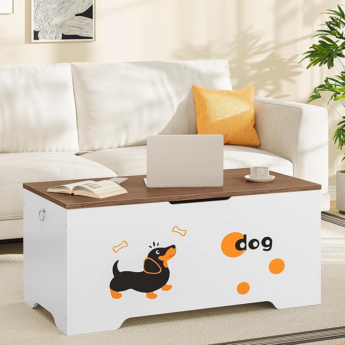 HOOBRO Toy Box, Toy Chest with 2 Safety Hinges, 43.3" Storage Bench, Wooden Storage Chest, for Entryway, Bedroom, Living Room, White and Walnut WH495CW01
