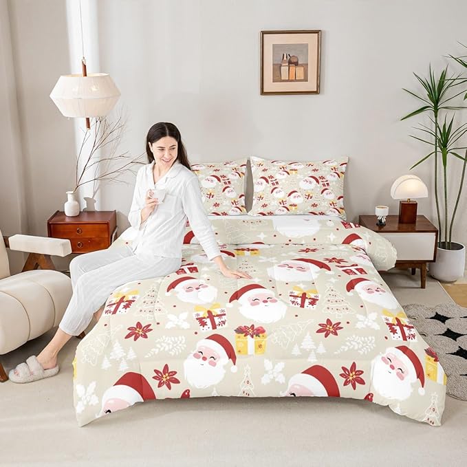 jejeloiu Santa Claus Comforter Set King Size Merry Christmas Bedding Set for Kids Boys Girls Xmas Themed Duvet Quilt Beige Bedroom Decor
