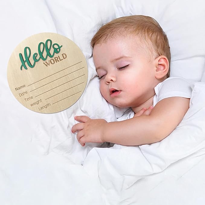 Baby Announcement Sign, 5.9 Inch Wooden Hello World Newborn Signs, Birth Announcement Sign, Baby Shower Hospital Nursery for Newborn Boys and Girls (Green,Pen)