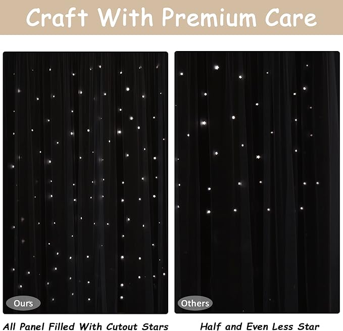 Kinryb Blackout Curtains for Girl Bedroom/Living Room/Classroom, Sheer Overlay 63 Inches 2 Panel Set, Double Layer Curtains with Star Cutout for Kids Room(W 52 x L 63 Inches,Beige 2 Pcs)